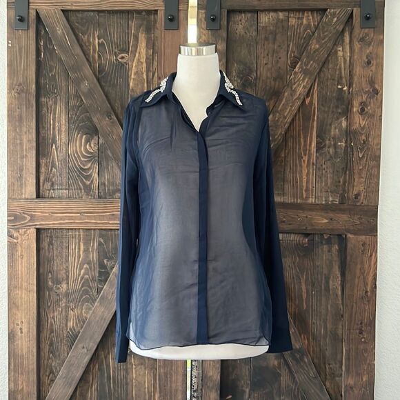 NWT Costa Blanca navy Blue sheer rhinestone collar top Sz-Small - Picture 1 of 13
